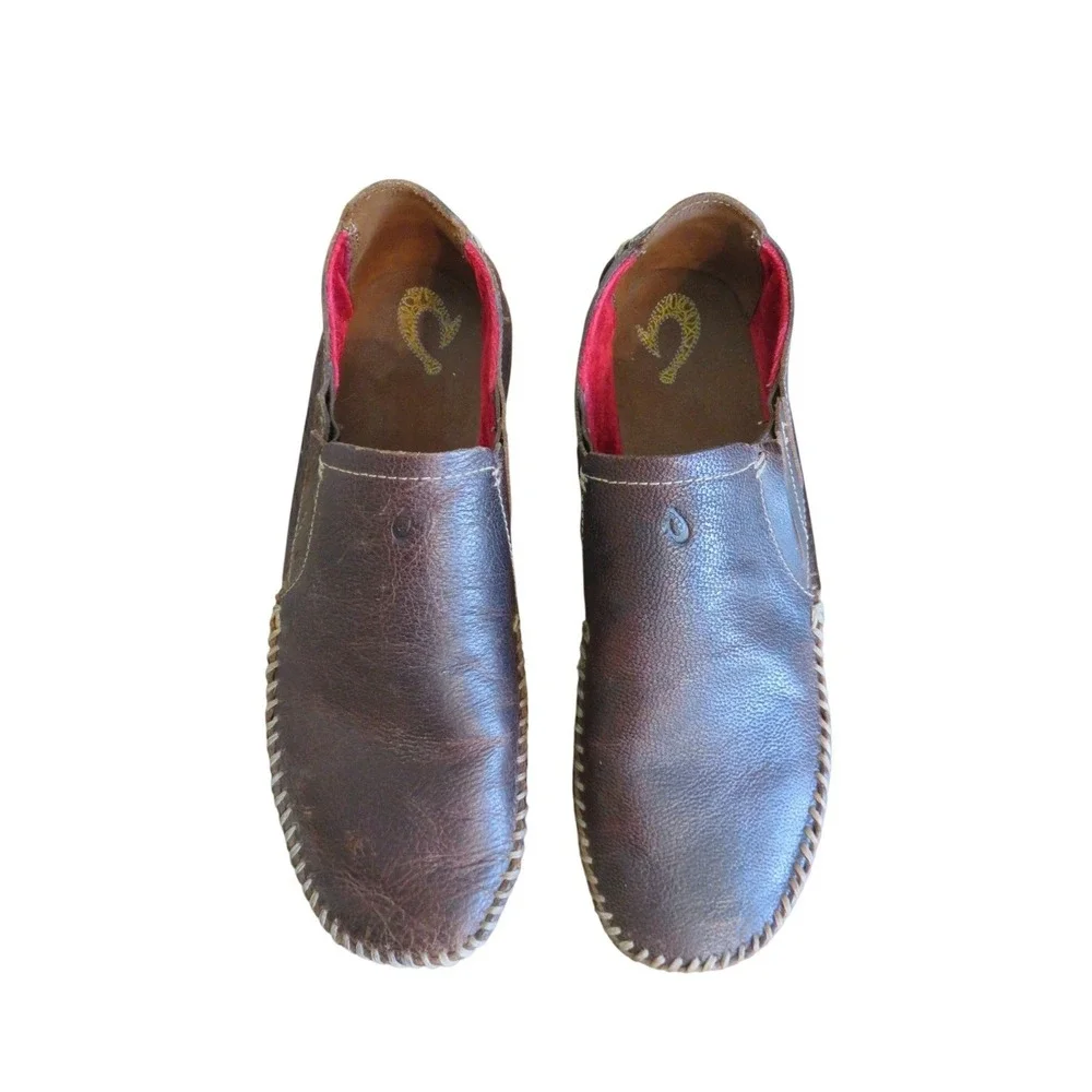 OluKai Ali'l Elua Dark Brown Leather Slip On Loafer Shoes‎ Size 9 M EU 42